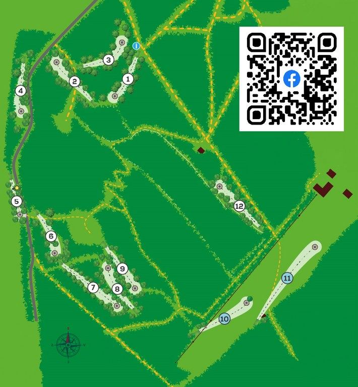 Mapa discgolfového hřiště v Liboháji s očíslovanými dvanácti jamkami