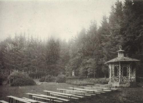 Stará fotografie přírodního divadla: řady dřevěných lavic na palouku pod smrky, vpravo zdobený altán